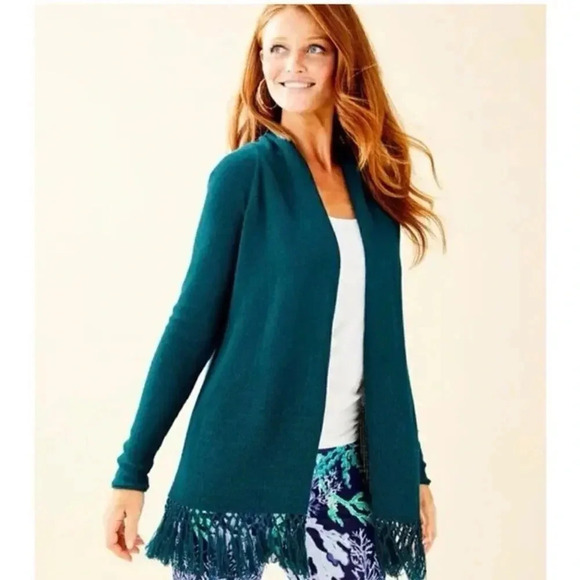 Lilly Pulitzer Tatum cardigan teal green blue knit crochet fringe boho tassels - Picture 6 of 6